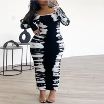 SC Plus Size Print Long Sleeve Tight Maxi Dress GDAM-218372