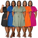 SC Plus Size Ruffle Sleeve Lace-Up Two Piece Skirt Set NNWF-7991