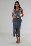 SC Sleeveless Irregular Tops And Split Long Skirt Denim Suit JRF-3755