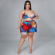 SC Plus Size Print Tie Up Backless Two Piece Shorts Set QYXZ-9942