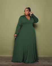 SC Plus Size Solid Color V Neck Long Sleeve Dress HNIF-OPP085