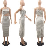SC Stripe Print Hollow Out Slim Midi Dress YIM-9065