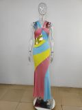 SC Sleeveless Skinny Color Block Halter Print Dress MUE-8054