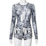 SC Long Sleeve Mesh Print Tops Two Piece Shorts Set MXBF-K24ST073