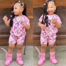 SC Kids Girl's Butterfly Print Short Sleeve Shorts Casual Suit GYAY-M8047 