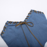 SC Fashion Denim Wrap Chest Top Two Piece Skirts Set FL-YJ24083