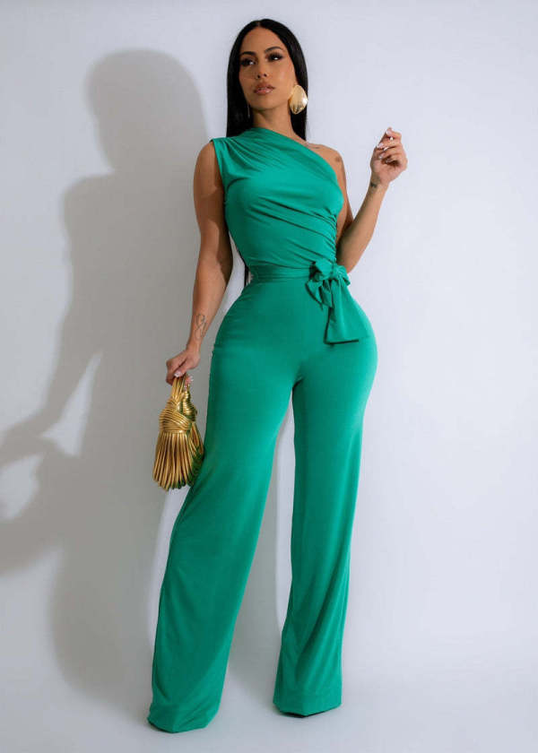 SC Solid Color Single Shoulder Tie Up Jumpsuit OLYF-6149