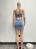 SC Sexy Denim Halter Zipper Tops Two Piece Skirts Set NYF-8163