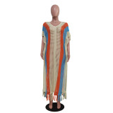 SC Striped Tassel Knit Beach Maxi Dress TR-1302