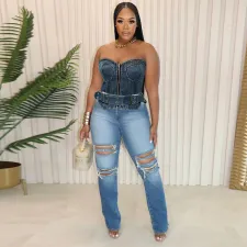 SC Washed Zipper Wrap Chest Tie Denim Top WAF-77648