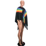 SC Rainbow Stripe Patchwork Tassel Hooded Poncho Top SMD-24017