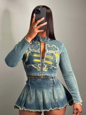 SC Embroidered Top Pleated Skirt Denim 2 Piece Set CH-88008