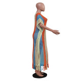 SC Striped Tassel Knit Beach Maxi Dress TR-1302