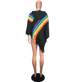 SC Rainbow Stripe Patchwork Tassel Hooded Poncho Top SMD-24017