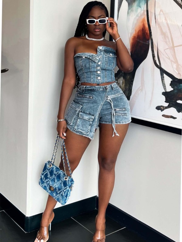 SC Single Breasted Wrap Top Denim Shorts Set CH-88010