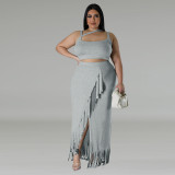 SC Plus Size Sleeveless Tank And Irregular Tassel Skirt Set GDAM-218388