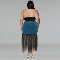 SC Plus Size Denim Patchwork Mesh Long Skirts GDAM-218393
