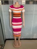 SC Knit Stripe Color Block Short Sleeve Midi Dress OSM-4454