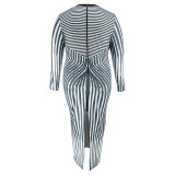 SC Plus Size Stripe Print Long Sleeve Split Long Dress GDAM-218369
