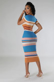 SC Knit Stripe Color Block Short Sleeve Midi Dress OSM-4454