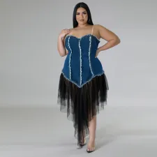SC Plus Size Sling Denim Patchwork Mesh Midi Dress GDAM-218376
