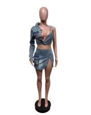 SC Single Long Sleeve Backless Top Denim 2 Piece Skirts Set MEM-88559