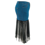 SC Plus Size Denim Patchwork Mesh Long Skirts GDAM-218393