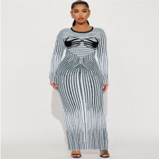 SC Plus Size Stripe Print Long Sleeve Split Long Dress GDAM-218369