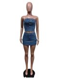 SC Fashion Denim Wrap Chest Tops Two Piece Skirts Set MEM-88555