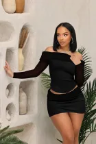 SC Mesh Splicing Off Shoulder Tops Skirt Two Piece Set QXLB-10079