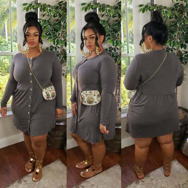 SC Plus Size Single-breasted Solid Long Sleeve Midi Dress WY-7096