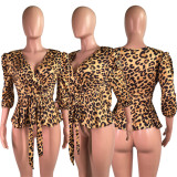 SC Leopard Print Deep V-Neck Tie Up Top WY-7090