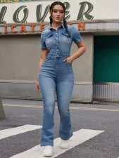 SC Fashion Single-breasted Short Sleeve Denim Jumpsuit LX-1380