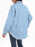 SC Solid Color Holes Long Sleeve Denim Coat CHY-1001