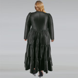 SC Plus Size PU Round Neck Long Sleeve Cake Dress GDAM-218355