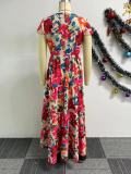 SC Printed Waist-slim Splicing Big Hem Long Dress NY-10762