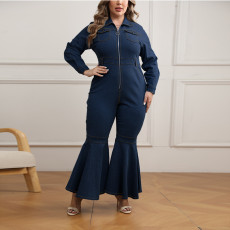 SC Plus Size Zipper Lapel Flare Jumpsuit GDAM-218330