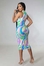 SC Colorful Print Sleeveless Slim Midi Dress BYMF-60636