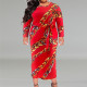 SC Plus Size Long Sleeve Print Belt Maxi Dress GDAM-218315