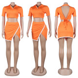 SC Casual Lapel Tops And Split Skirts 2 Piece Set FSXF-387