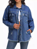 SC Solid Color Holes Long Sleeve Denim Coat CHY-1001