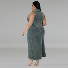 SC Plus Size Denim Sleeveless Vest Split Skirt 2 Piece Set GDAM-218380