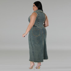 SC Plus Size Denim Sleeveless Vest Split Skirt 2 Piece Set GDAM-218380