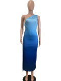 SC Sleeveless Slant Shoulder Gradient Color Sexy Dress QODY-6028