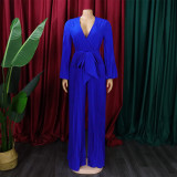 SC Plus Size V Neck Tie Up Pleated Solid Jumpsuit GCZF-C8468