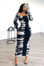 SC Long Sleeve Print U Neck Long Dress QODY-6017