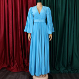 SC V Neck Press Pleated Big Swing Gown Long Dress GCZF-C8478