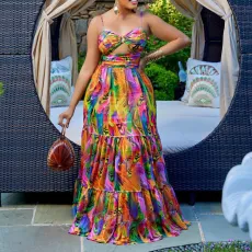 SC Plus Size Sexy Print Sling Big Swing Maxi Dress GCZF-8465