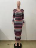 SC Stripe Print Long Sleeve Long Dress QODY-6019