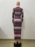 SC Stripe Print Long Sleeve Long Dress QODY-6019